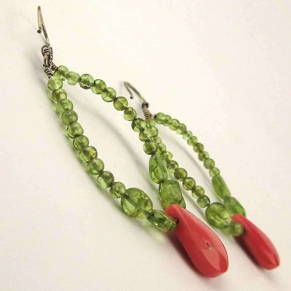 Pretty Peridot Beads w/ Coral Drop 925 Wired Earr… - image 2