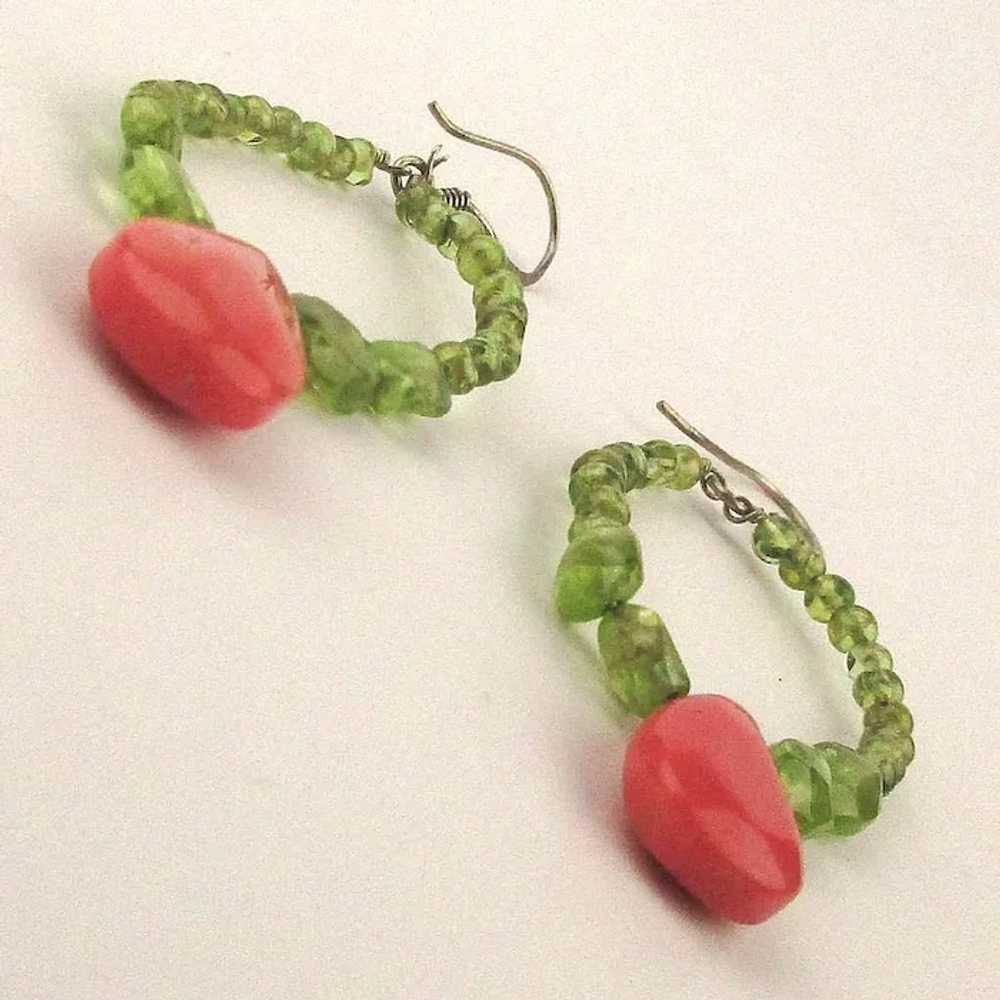 Pretty Peridot Beads w/ Coral Drop 925 Wired Earr… - image 3