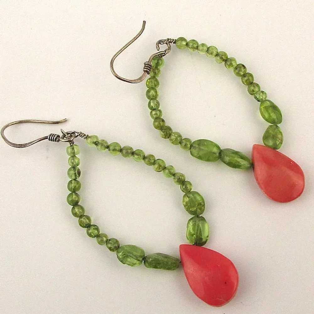 Pretty Peridot Beads w/ Coral Drop 925 Wired Earr… - image 4