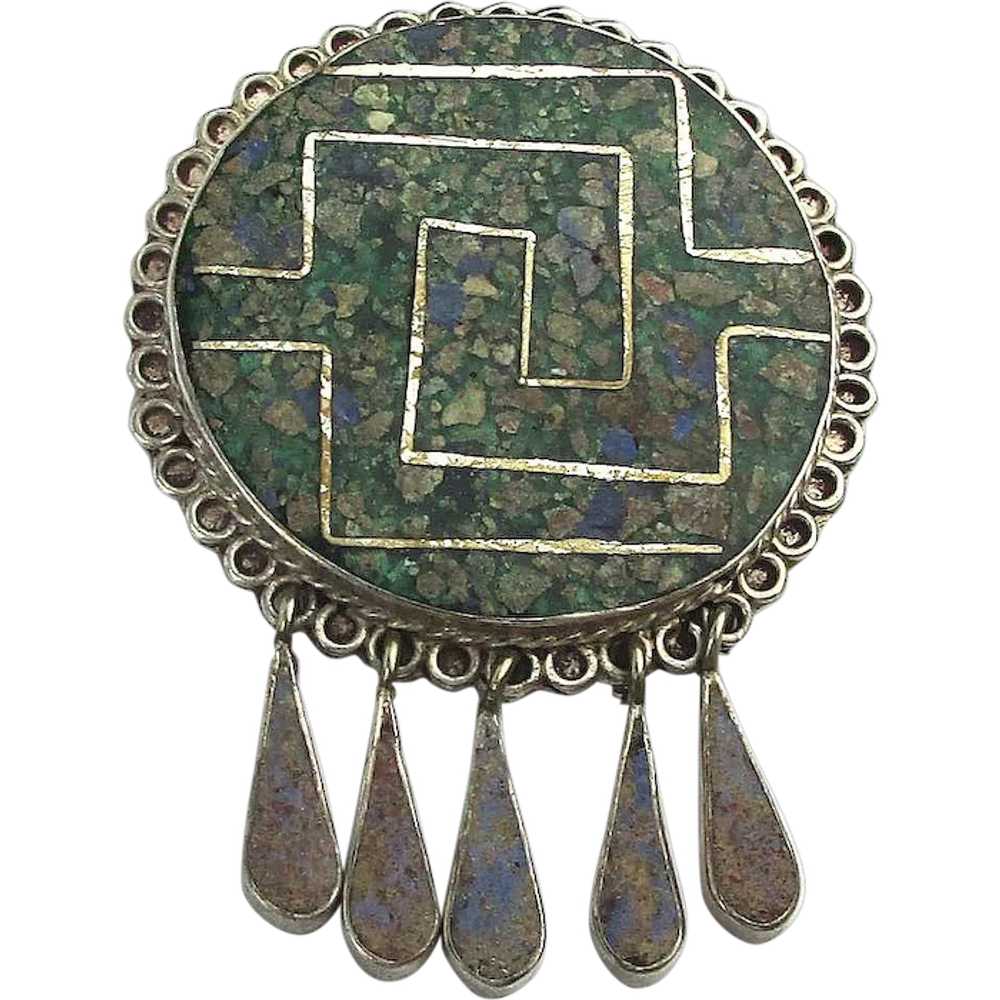 Old Taxco 925 Sterling Chip Inlay Pin Pendant - image 1