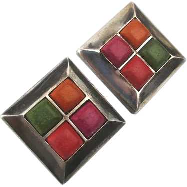 Sterling Silver Square Earrings w/ Colorful Squar… - image 1