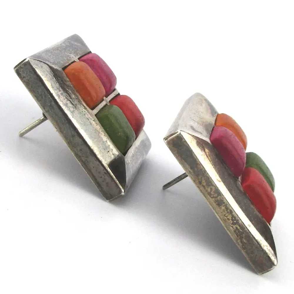 Sterling Silver Square Earrings w/ Colorful Squar… - image 2