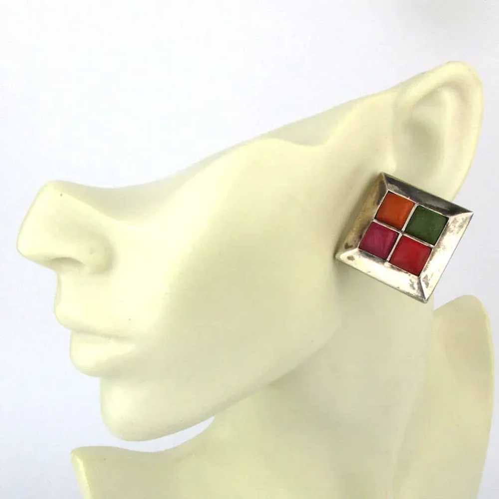 Sterling Silver Square Earrings w/ Colorful Squar… - image 3