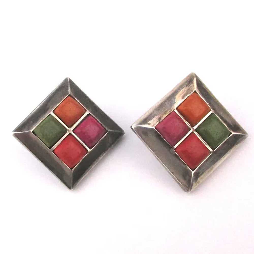 Sterling Silver Square Earrings w/ Colorful Squar… - image 5