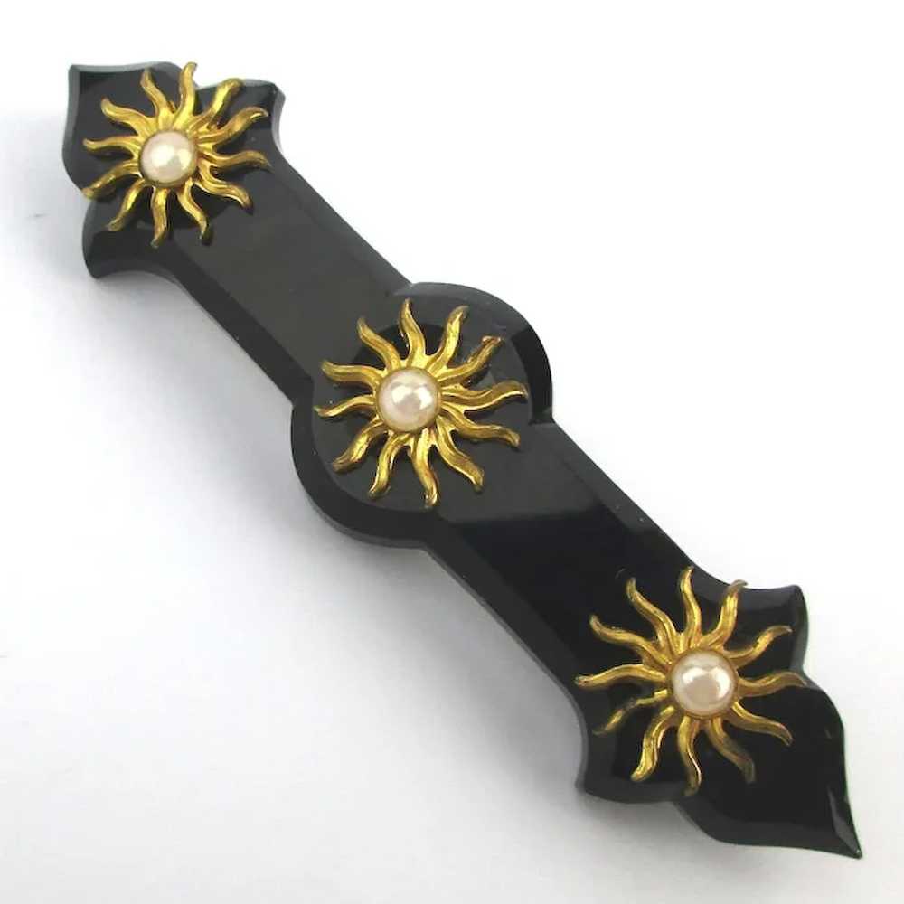 Old Black Jet Black Glass Onyx Stone Bar Pin w/ 3… - image 2