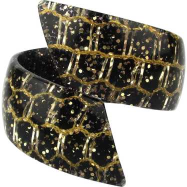 Lucite Confetti Clamper Bracelet Wraparound Black… - image 1