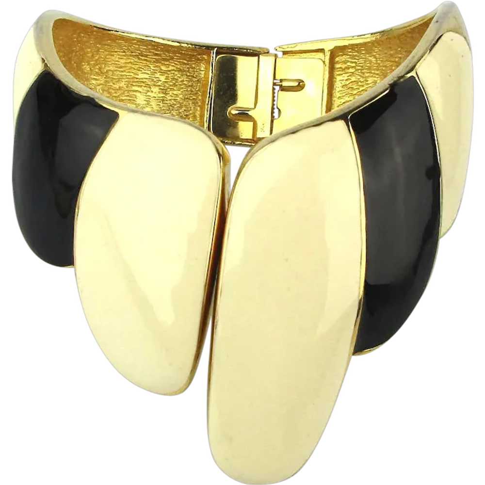 Vintage Enamel Clamper Bracelet - Curvy Black n W… - image 1