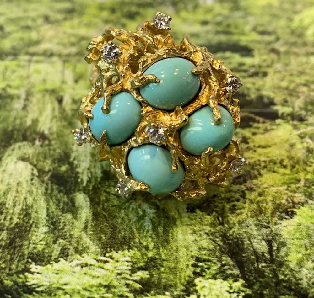 18K Yellow Gold and Turquoise and Diamond Stateme… - image 2