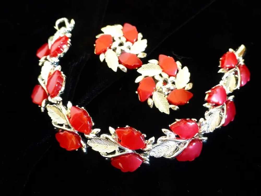 Red Thermoset Plastic Leaf Bracelet and Earrings … - image 1