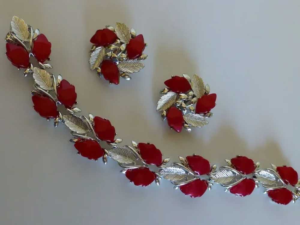 Red Thermoset Plastic Leaf Bracelet and Earrings … - image 2