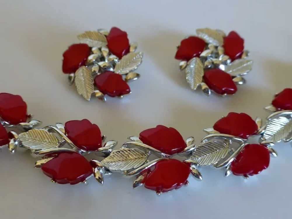Red Thermoset Plastic Leaf Bracelet and Earrings … - image 3