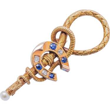 Antique: French 18 Kt Gold, Diamond & Sapphire Ho… - image 1