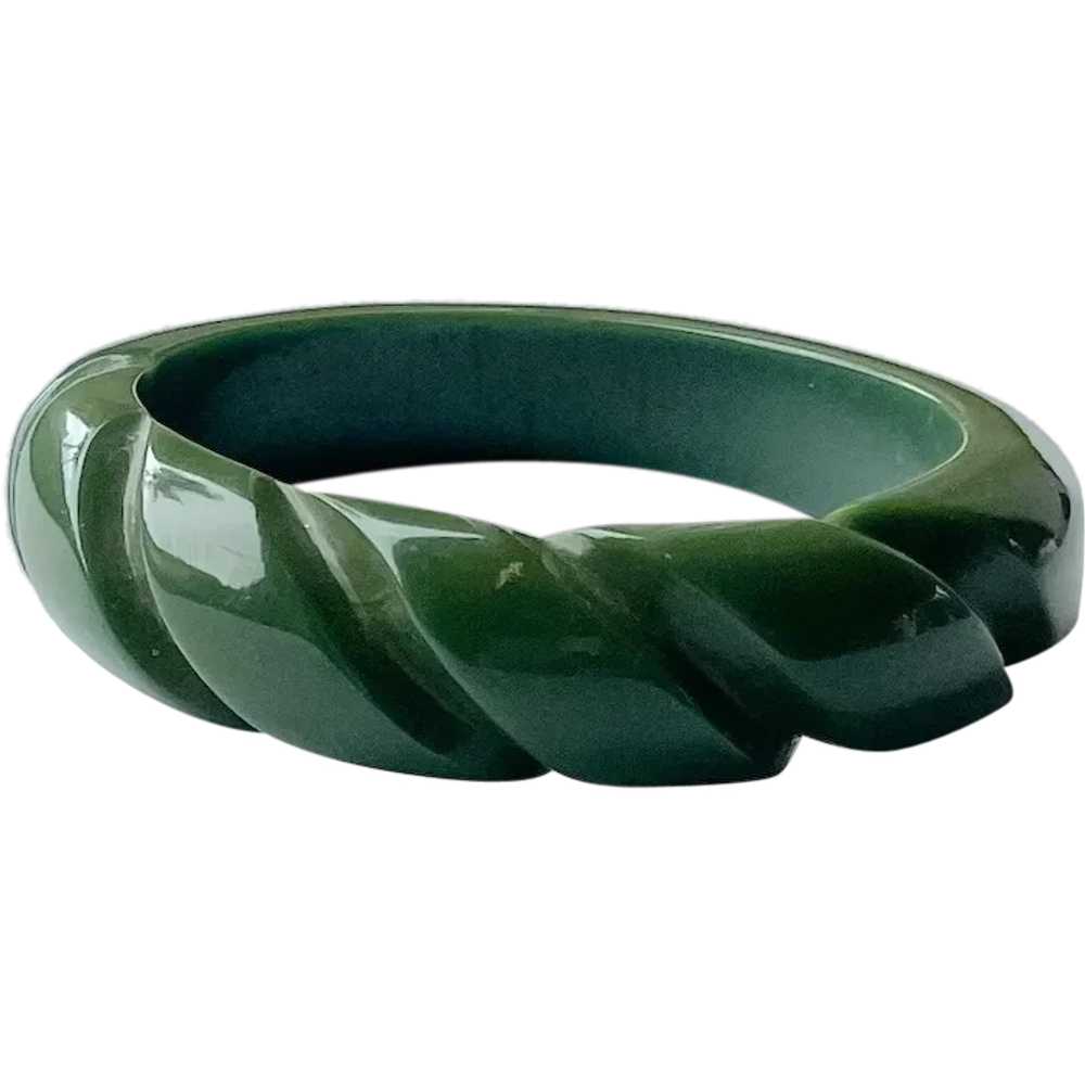 Bakelite  Carved Green Bangle Bracelet - image 1