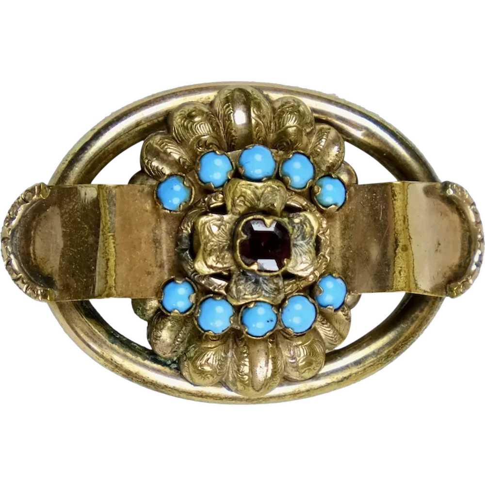 Victorian Gold Garnet Turquoise Brooch Pin - image 1