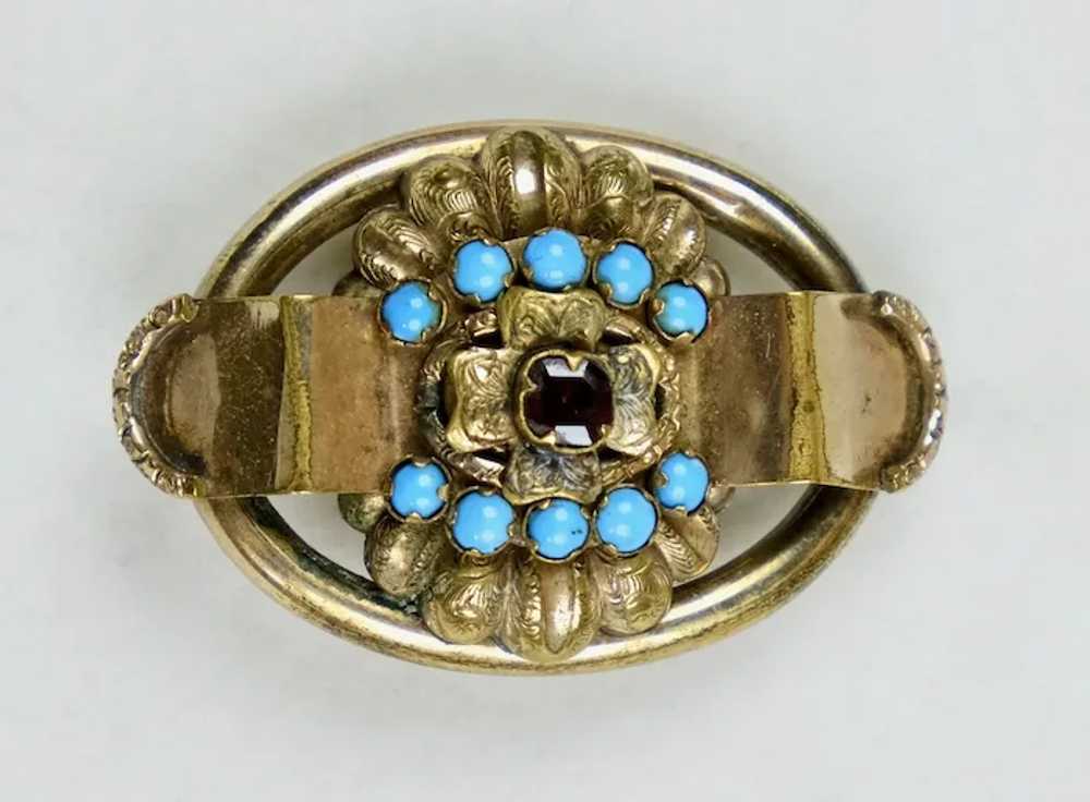 Victorian Gold Garnet Turquoise Brooch Pin - image 4