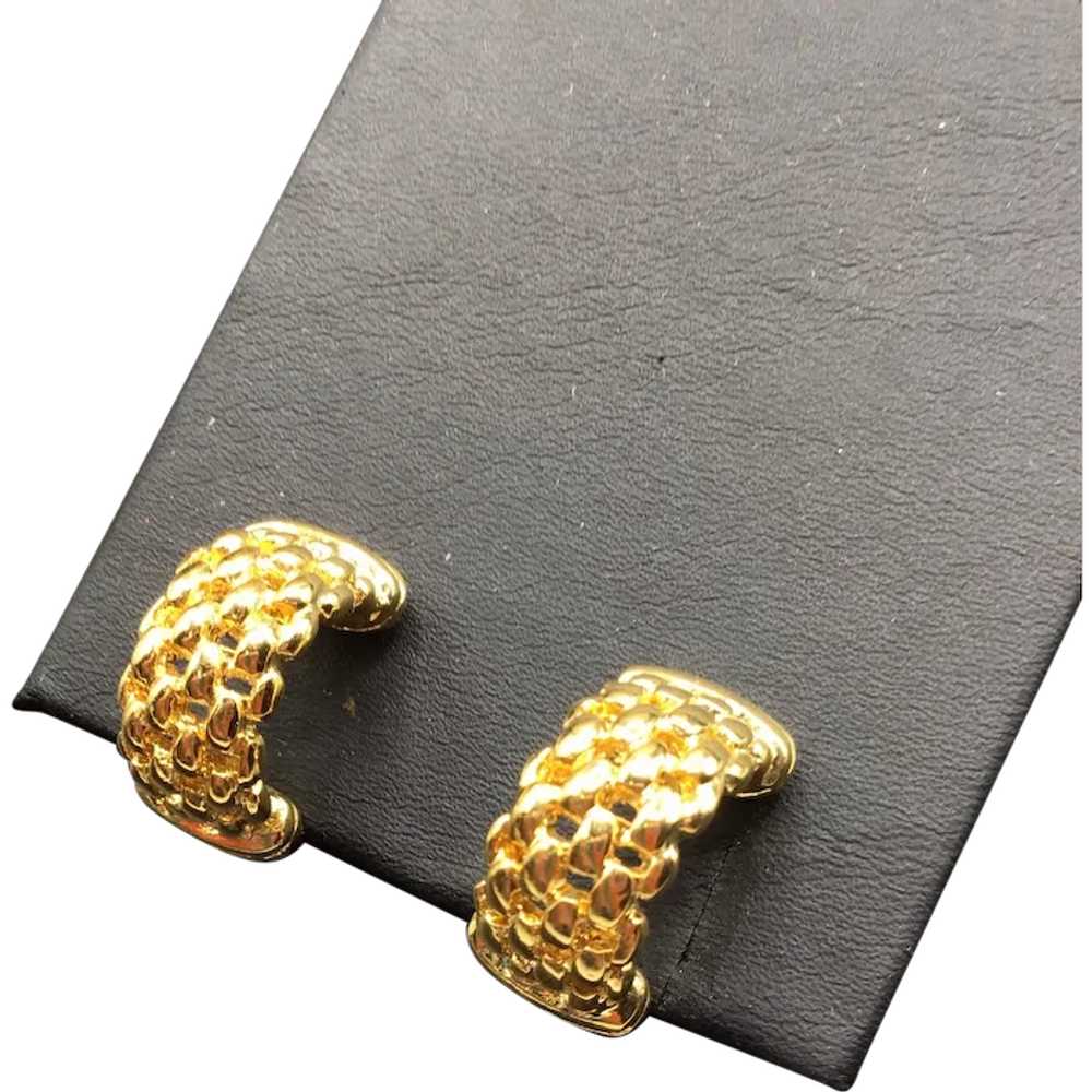 Vintage 80s Clip On Hoops Earrings Gold Tone Orna… - image 1