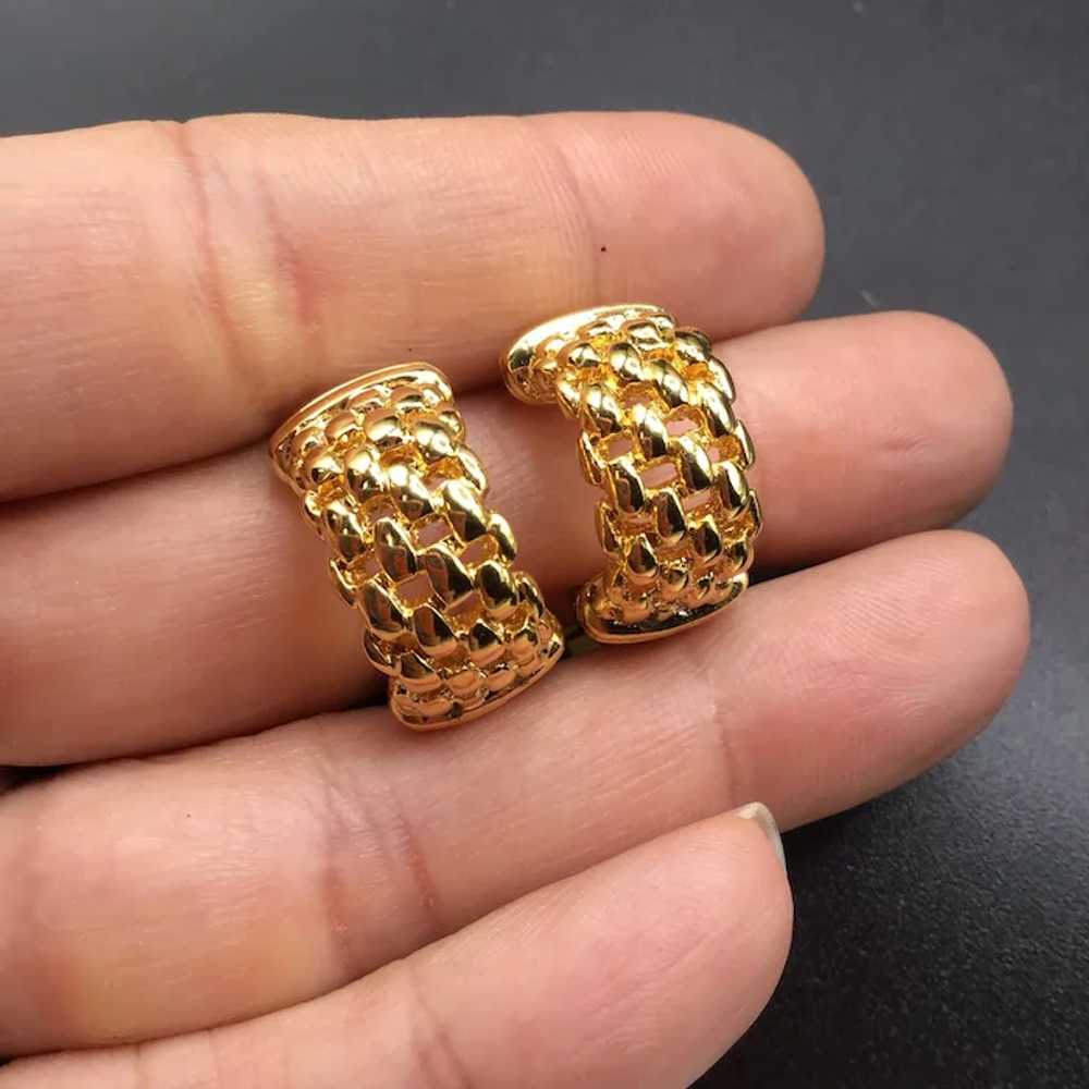 Vintage 80s Clip On Hoops Earrings Gold Tone Orna… - image 2