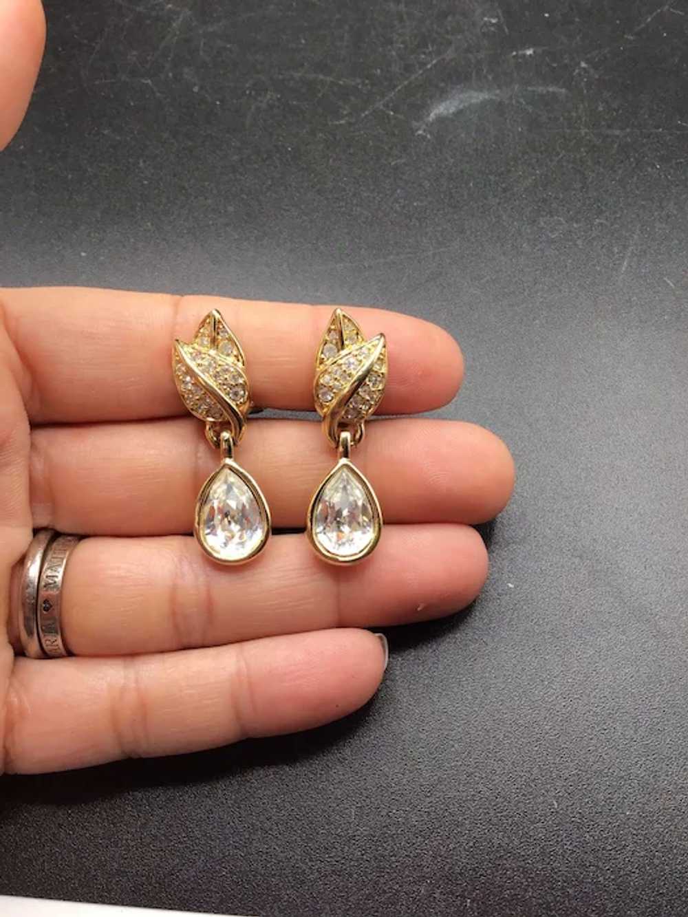 Swarovski Signed Clip On Earrings Gold Tone & Lea… - image 2