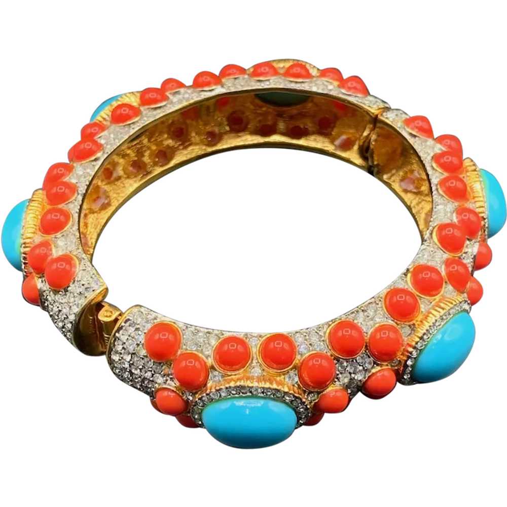 KJL Turquoise and Coral cabochon hinged bangle br… - image 1