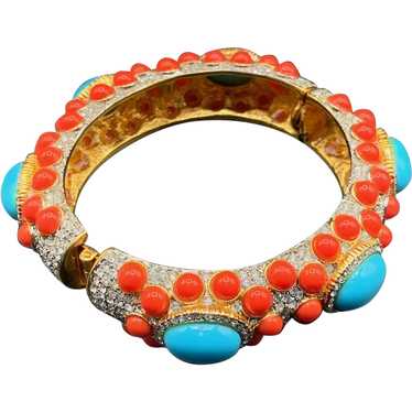KJL Turquoise and Coral cabochon hinged bangle br… - image 1