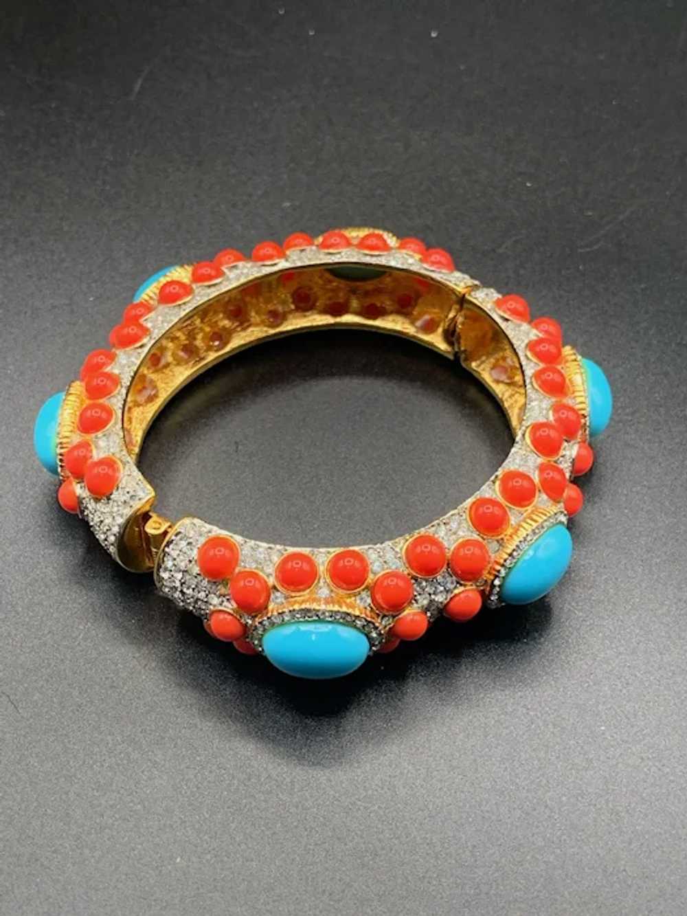 KJL Turquoise and Coral cabochon hinged bangle br… - image 2