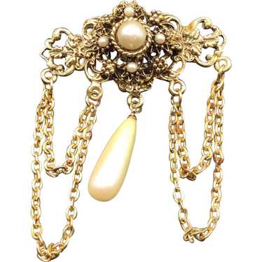 Vintage Florenza Style Dangling Brooch with Pearl… - image 1