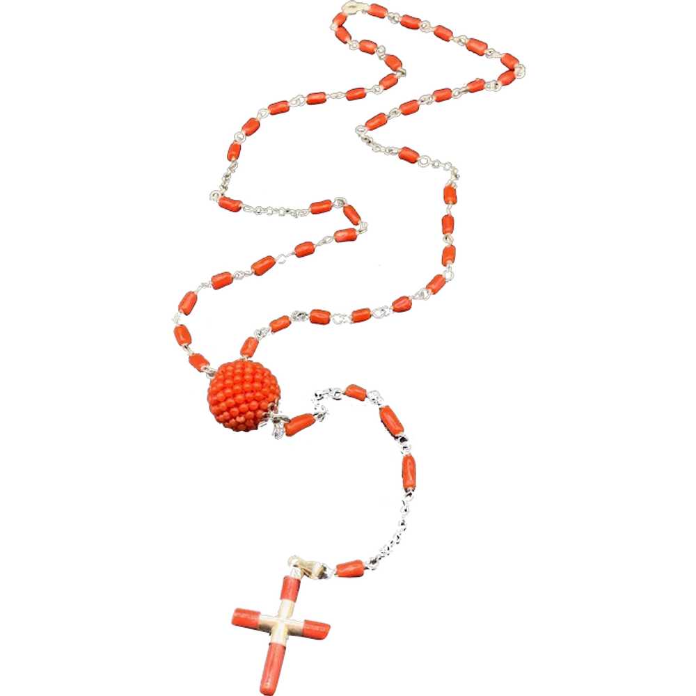 Red Coral Rosary Necklace Sterling Silver Genuine… - image 1