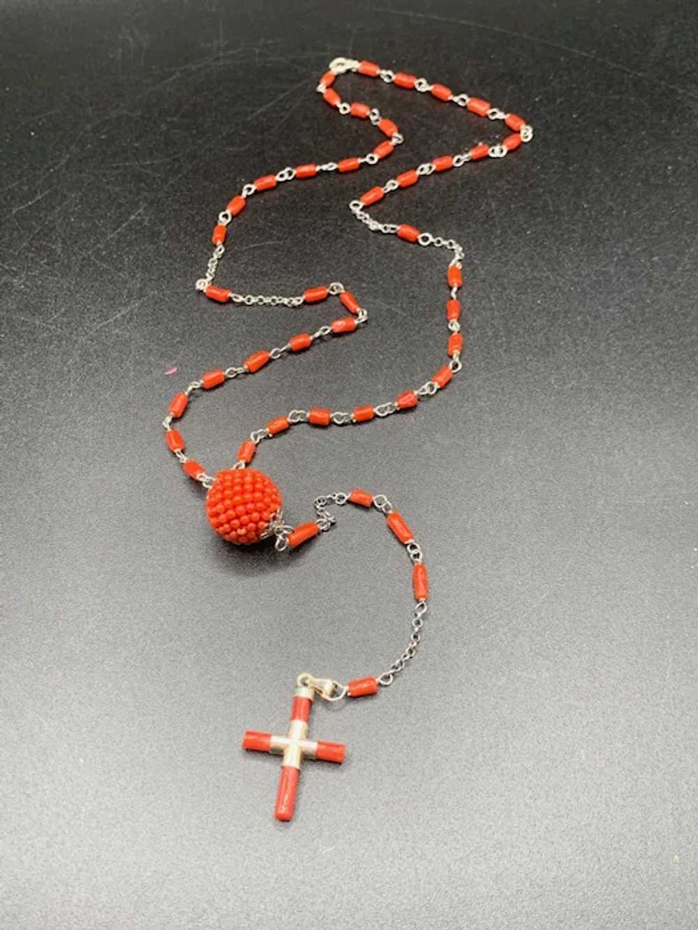 Red Coral Rosary Necklace Sterling Silver Genuine… - image 2