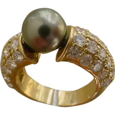 Beautiful 18K Gold Ring Set w/ 9mm Tahitian Pearl 