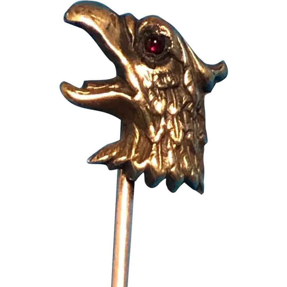 14K Gold Griffin Stickpin with Cabochon Ruby Eye - image 1