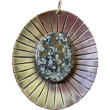 Large Modernist Moss Agate and Sterling Pendant