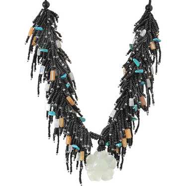 Black Seed Beads Multi-Strand Necklace with Jade … - image 1