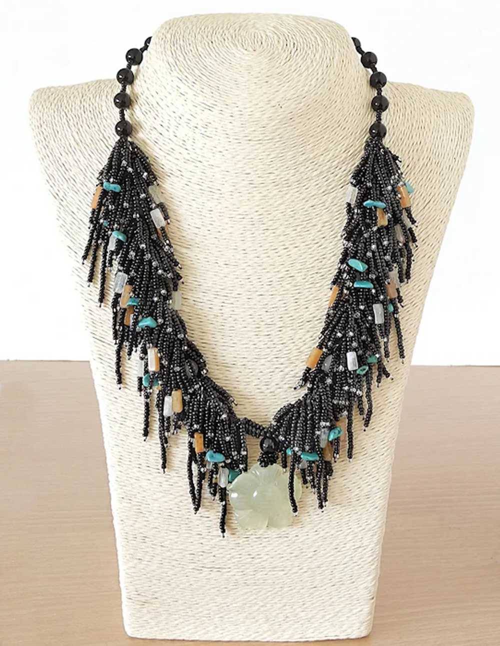 Black Seed Beads Multi-Strand Necklace with Jade … - image 2