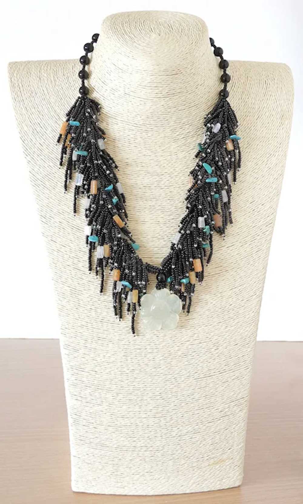 Black Seed Beads Multi-Strand Necklace with Jade … - image 3