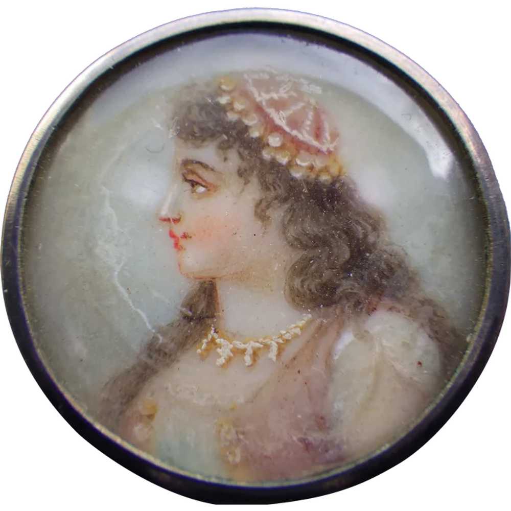 Antique Handpainted Portrait Brooch, Elegant Lady… - image 1