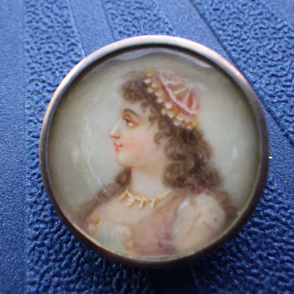 Antique Handpainted Portrait Brooch, Elegant Lady… - image 2