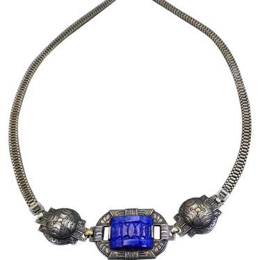 Art Deco Silver Necklace, Egyptian Revival Design… - image 1