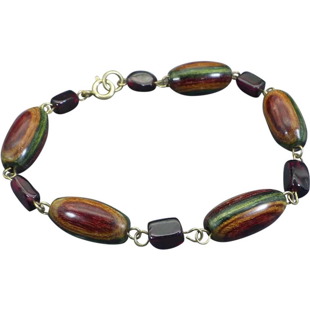 Vintage Beaded Bracelet, Garnet Gemstones & Wood,… - image 1