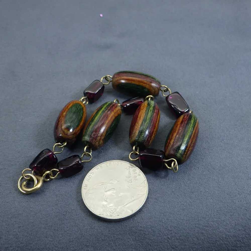 Vintage Beaded Bracelet, Garnet Gemstones & Wood,… - image 2