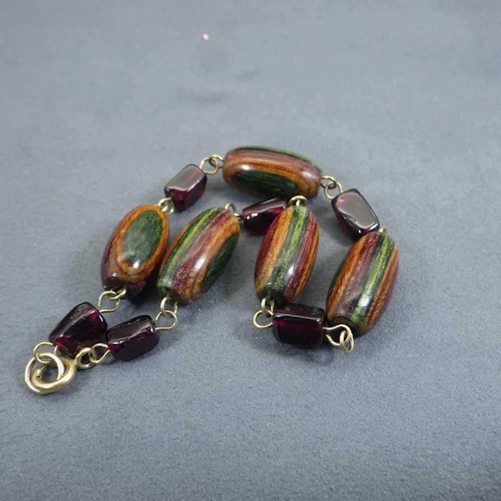 Vintage Beaded Bracelet, Garnet Gemstones & Wood,… - image 4