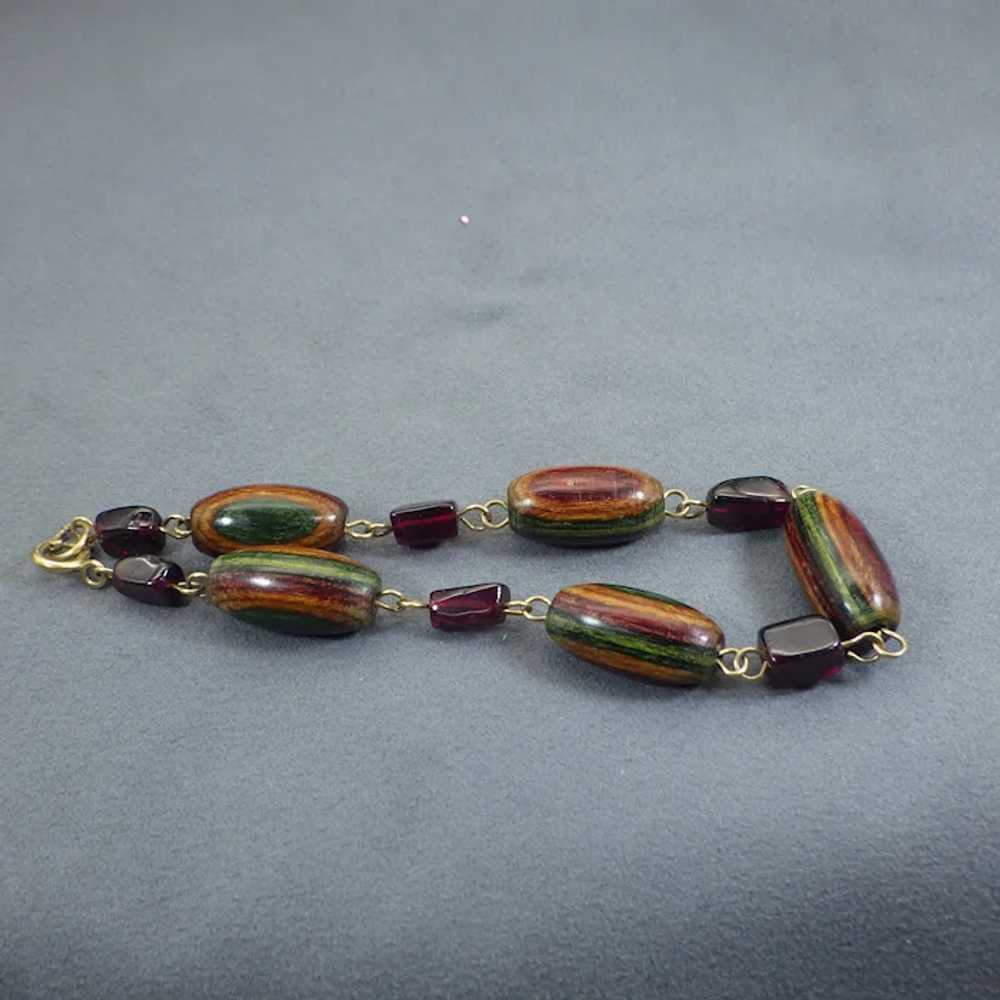 Vintage Beaded Bracelet, Garnet Gemstones & Wood,… - image 5