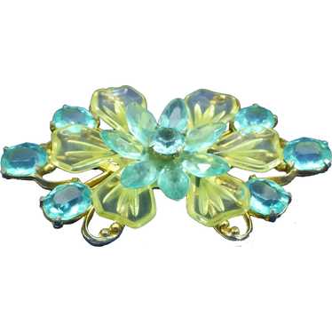 1930s Carved Lucite Floral Brooch, Layered Teal an