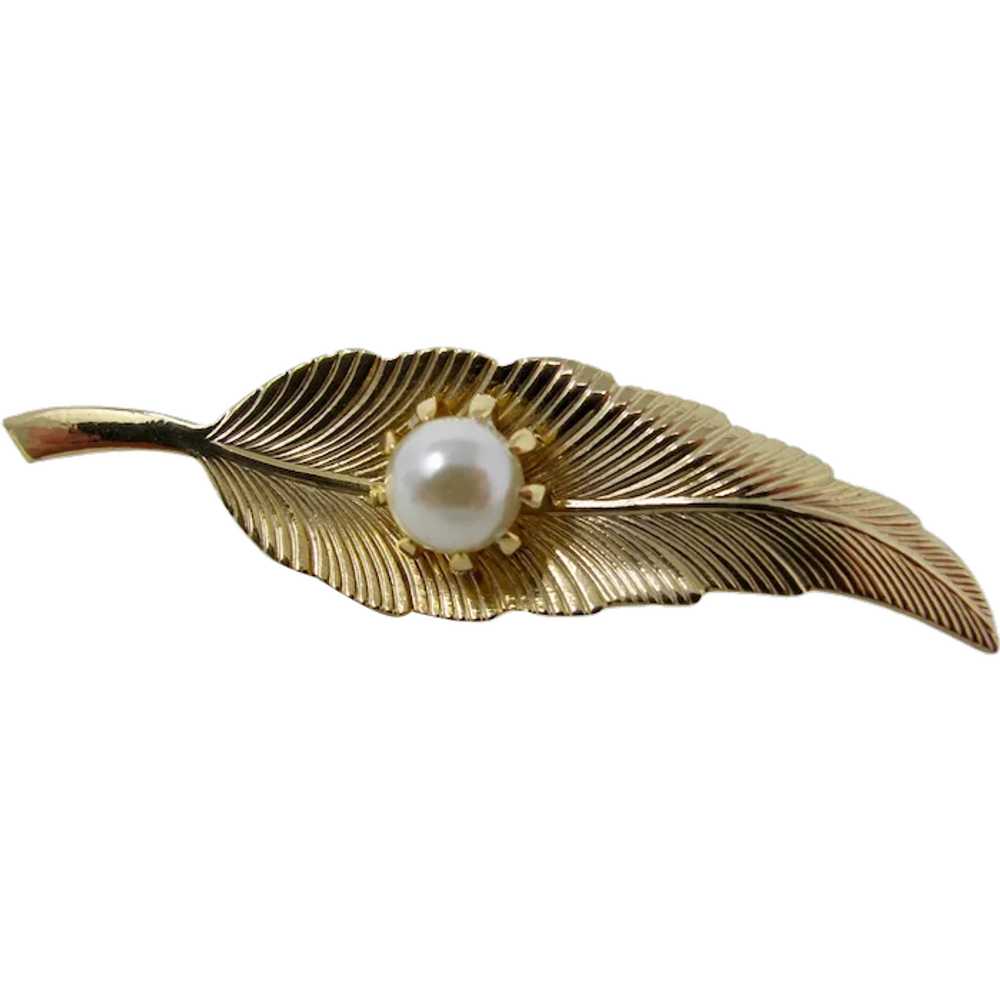 Golden Leaf Brooch With Faux Pearl - image 1