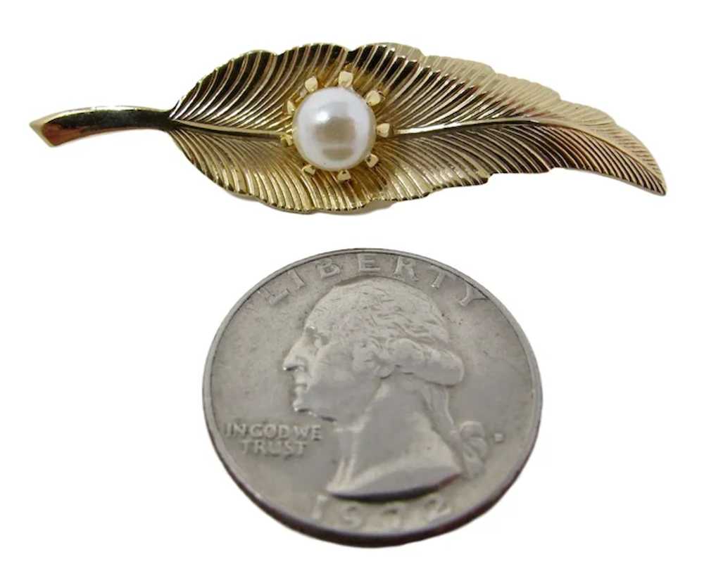 Golden Leaf Brooch With Faux Pearl - image 2