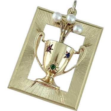 Jeweled Trophy Cup Vintage BIG Charm 14K Gold Thre