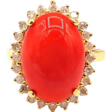 Natural Italian Red Coral Diamond Ring in 14KT Yel