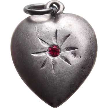 1940s Sterling PUFFY HEART Charm With Red Stone