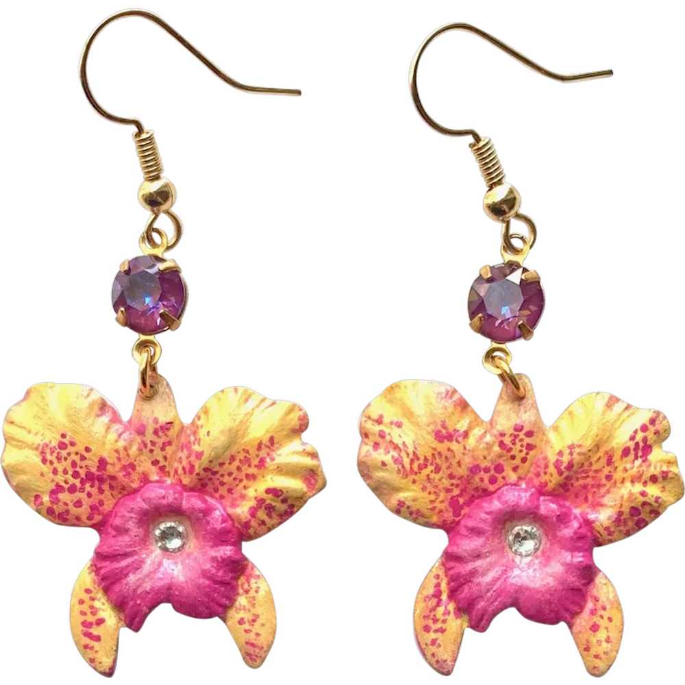 One of a Kind Hand Painted Wild Orchid Flower Ear… - image 1