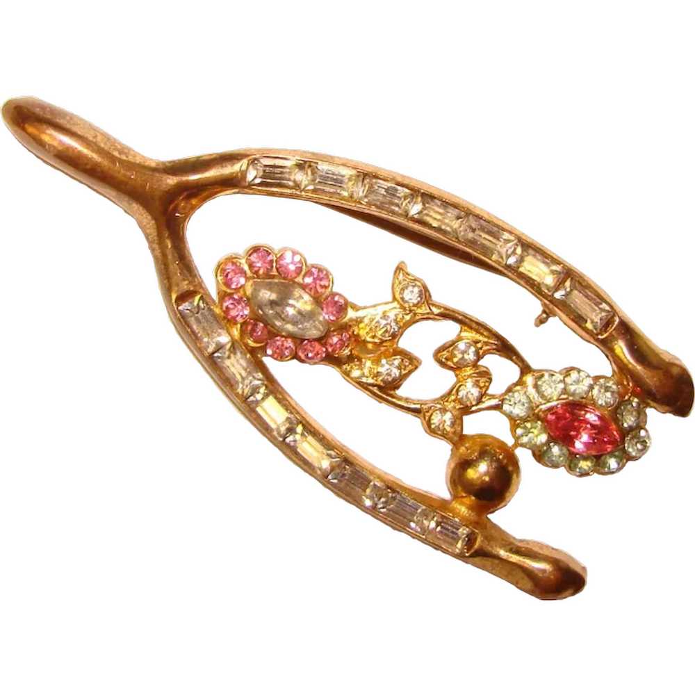 Gorgeous WISHBONE Vintage Rhinestone Brooch - image 1