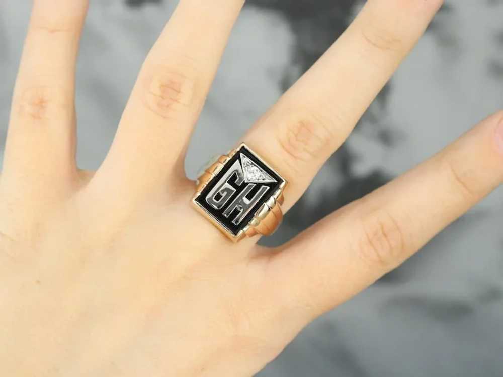 Men's "GH" Monogrammed Diamond and Onyx Ring - image 6